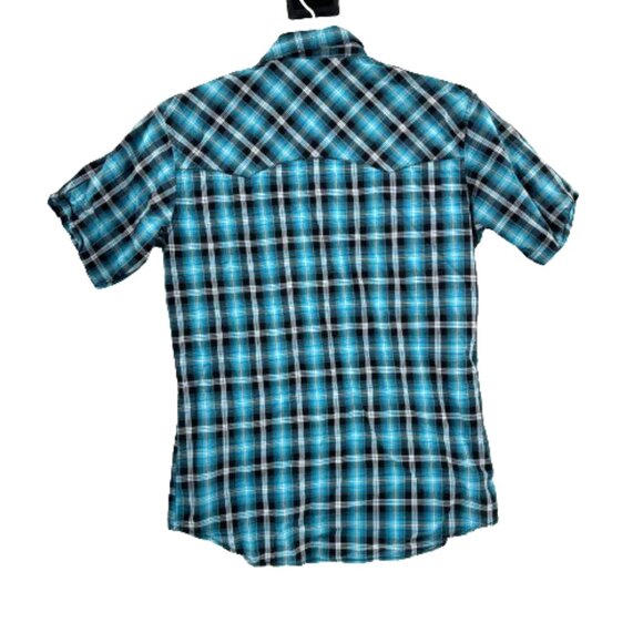 Wrangler Men's Retro Shirt Western Sawtooth Pockets Pearl Snap Medium Blue Plaid - Picture 2 of 8